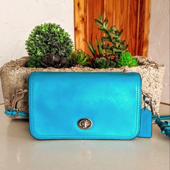 Coach Legacy Turquoise Aqua Leather Penny Crossbody Small Shoulder Bag - Picture 4 of 9